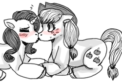 Size: 600x408 | Tagged: safe, artist:daydreampony, applejack, rarity, g4, blushing, female, kissing, lesbian, ship:rarijack, shipping