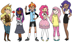 Size: 1137x663 | Tagged: safe, artist:hospitalvespers, applejack, fluttershy, pinkie pie, rainbow dash, rarity, twilight sparkle, human, g4, alternate hairstyle, apple, book, clothes, dark skin, food, glasses, hand on hip, humanized, mane six, peace sign, simple background, skirt, sweater, sweatershy, transparent background