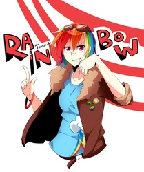 Size: 1005x1200 | Tagged: dead source, safe, artist:tomoe-chi, rainbow dash, human, g4, clothes, female, goggles, humanized, solo