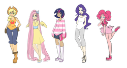 Size: 1280x684 | Tagged: safe, artist:ssenarrya, applejack, fluttershy, pinkie pie, rarity, twilight sparkle, human, g4, clothes, dress, horn, horned humanization, humanized, shoes, skirt, sneakers, winged humanization