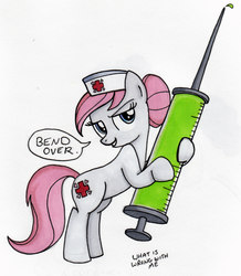 Size: 1489x1710 | Tagged: safe, artist:thedarklordkeisha, nurse redheart, pony, g4, bedroom eyes, bend over, bipedal, female, giant syringe, grin, hoof hold, looking at you, needle, nope, run, simple background, smiling, so much nope, solo, syringe, white background