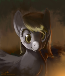 Size: 579x678 | Tagged: dead source, safe, artist:hinoraito, derpy hooves, pegasus, pony, g4, bust, epic derpy, female, looking at you, mare, solo, spread wings