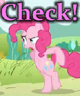 Size: 165x199 | Tagged: safe, edit, edited screencap, screencap, pinkie pie, g4, putting your hoof down, animated, bipedal, cropped, female, image macro, pink text, swag