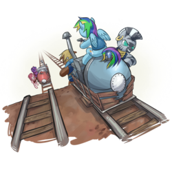 Size: 1024x1024 | Tagged: safe, artist:stupjam, big macintosh, pinkie pie, rainbow dash, twilight sparkle, zecora, earth pony, pegasus, pony, unicorn, zebra, g4, bipedal, crossover, democora, female, male, mare, parody, payload cart, payload race, pinkie pyro, rainbow scout, stallion, team fortress 2, twilight sniper