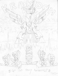 Size: 1650x2163 | Tagged: safe, artist:jackjacko-eponymous, applejack, fluttershy, pinkie pie, rainbow dash, rarity, twilight sparkle, robot, g4, awesome, mane six, megazord, parody, ponified, power rangers, sketch