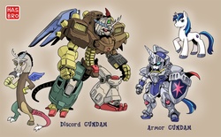 Size: 1210x750 | Tagged: safe, artist:shepherd0821, discord, shining armor, g4, gundam, parody