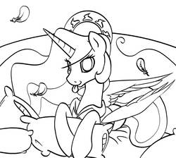 Size: 3494x3126 | Tagged: safe, artist:jackjacko-eponymous, artist:nasse, princess celestia, pony, g4, :p, color me, cute, cutelestia, feather, female, high res, lineart, looking at you, monochrome, pillow, prone, sketch, smiling, solo, tongue out