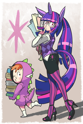 Size: 573x850 | Tagged: safe, artist:gashi-gashi, spike, twilight sparkle, g4, book, clothes, eared humanization, glasses, high heels, horn, horned humanization, humanized, natural hair color, pantyhose, skirt, stiletto heels, tailed humanization