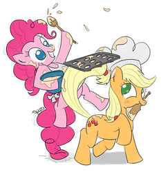 Size: 1240x1328 | Tagged: safe, artist:arudon, applejack, pinkie pie, earth pony, pony, g4, baked bads, baked goods, baking, batter, chef's hat, cooking, cupcake, food, hat, messy, muffin tray, prehensile tail