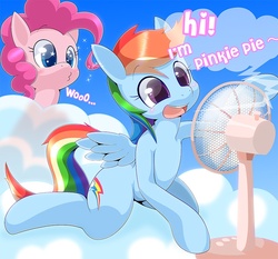 Size: 833x777 | Tagged: safe, artist:oze, pinkie pie, rainbow dash, earth pony, pegasus, pony, g4, blushing, cloud, cloudy, dialogue, duo, electric fan, fan, female, mare, open mouth, sky