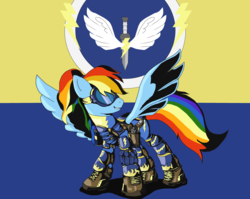 Size: 4000x3182 | Tagged: dead source, safe, artist:steptrool, rainbow dash, pegasus, pony, g4, armor, boots, clothes, female, goggles, mare, shoes, smiling, solo, spread wings, uniform, wings, wonderbolts, wonderbolts uniform