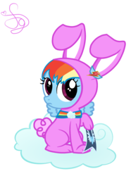 Size: 2000x2694 | Tagged: safe, artist:kristiesparcle, rainbow dash, pegasus, pony, g4, bunny costume, clothes, cloud, element of loyalty, female, filly, foal, high res, hooves, on a cloud, simple background, sitting on a cloud, solo, spread wings, transparent background, vector, wings