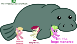 Size: 900x510 | Tagged: safe, artist:rasplezs, daisy, flower wishes, lily, lily valley, roseluck, earth pony, pony, g4, flower trio, manatee, pun, simple background, the horror, transparent background