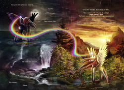 Size: 1590x1167 | Tagged: safe, artist:cosmicunicorn, princess celestia, princess luna, series:discordantly, g4, beautiful, comic, contrast, scenery