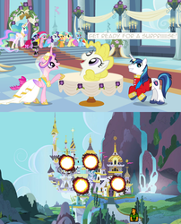 Size: 664x820 | Tagged: safe, applejack, fluttershy, pinkie pie, princess cadance, princess celestia, rainbow dash, rarity, shining armor, spike, surprise, twilight sparkle, g1, g4, crossover, douglas quaid, g1 to g4, generation leap, total recall, wedding cake creator