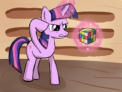 Size: 1600x1200 | Tagged: safe, artist:werdkcub, twilight sparkle, pony, unicorn, g4, female, hilarious in hindsight, magic, rubik's cube, solo, unicorn twilight