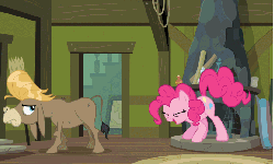 Size: 828x500 | Tagged: safe, edit, screencap, cranky doodle donkey, pinkie pie, donkey, earth pony, pony, a friend in deed, g4, animated, jumping, loop, reversed