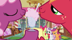 Size: 840x470 | Tagged: safe, screencap, apple bloom, big macintosh, cheerilee, scootaloo, sweetie belle, earth pony, pegasus, pony, unicorn, g4, hearts and hooves day (episode), season 2, animated, cutie mark crusaders, drink, female, filly, freckles, gif, golden eyes, green eyes, hearts and hooves day, ice cream, interior, licking, looking at each other, looking at someone, loop, love poison, male, mare, milkshake, purple eyes, stallion, sugarcube corner, tail, tongue out, two toned hair, two toned mane, two toned tail, wings