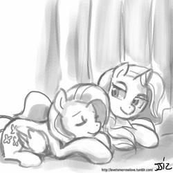 Size: 805x805 | Tagged: safe, artist:johnjoseco, fluttershy, trixie, pegasus, pony, unicorn, g4, duo, duo female, eyes closed, female, grayscale, lesbian, lidded eyes, lying down, mare, monochrome, prone, shipping, smiling, trixieshy