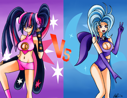 Size: 3289x2533 | Tagged: safe, artist:manhunterj, trixie, twilight sparkle, human, fighting is magic, g4, duo, high res, humanized, pigtails