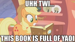 Size: 960x540 | Tagged: safe, edit, edited screencap, screencap, applejack, earth pony, pony, g4, look before you sleep, season 1, book, caption, female, fujoshi, golden oaks library, image macro, japanese, solo