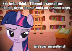 Size: 1083x772 | Tagged: safe, twilight sparkle, g4, adorkable, awkward, bedroom eyes, book, cute, dating, dork, golden oaks library, image macro, meme, random