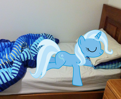 Size: 1953x1598 | Tagged: dead source, safe, artist:eruvon, trixie, pony, g4, bed, irl, photo, ponies in real life, sleeping, solo, vector