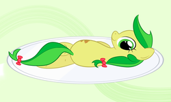 Size: 1046x622 | Tagged: safe, artist:hip-indeed, apple fritter, earth pony, pony, g4, apple family member, female, looking at you, looking back, looking back at you, mare, plate, solo