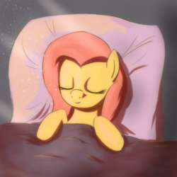 Size: 900x900 | Tagged: safe, artist:fajeh, fluttershy, pegasus, pony, g4, bed, blanket, female, mare, pillow, sleeping, solo