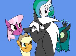 Size: 1280x947 | Tagged: safe, artist:mofetafrombrooklyn, applejack, cheerilee, queen chrysalis, oc, oc:high cross, changeling, changeling queen, g4, canon x oc, female, male, shipping, simple background, straight