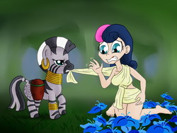 Size: 900x675 | Tagged: safe, artist:fadri, bon bon, sweetie drops, zecora, human, zebra, g4, breasts, busty bon bon, everfree forest, female, humanized, poison joke, transformation, wrong target