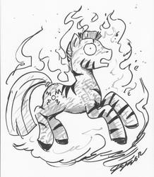 Size: 2550x2921 | Tagged: safe, artist:johnjoseco, artist:keanno, oc, oc only, oc:xjuan, pony, zebra, fallout equestria, fire, grayscale, high res, monochrome, on fire, solo, traditional art, wide eyes