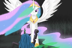 Size: 1200x800 | Tagged: safe, artist:atomicwarpin, princess celestia, queen chrysalis, changeling, changeling queen, g4, female