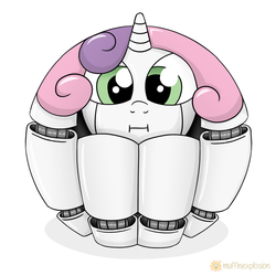 Size: 1200x1200 | Tagged: safe, artist:muffinexplosion, sweetie belle, pony, robot, robot pony, unicorn, g4, female, filly, foal, hooves, horn, looking at you, morph ball, simple background, solo, sphere, sweetie ball, sweetie bot, white background