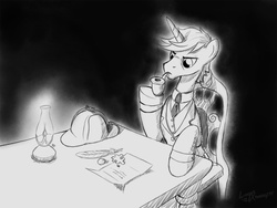 Size: 1100x825 | Tagged: safe, artist:lunarapologist, pony, unicorn, black and white, chair, clothes, deerstalker, desk, grayscale, hat, horn, letter, male, monochrome, necktie, pebble, pipe, ponified, puzzle piece, quill, sherlock holmes, smoking, stallion, suit