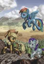 Size: 4700x6800 | Tagged: safe, artist:morevespenegas, applejack, rainbow dash, rarity, earth pony, pegasus, pony, unicorn, fanfic:it's a dangerous business going out your door, g4, absurd resolution, armor, armorarity, cloud, fanfic, female, flying, leather armor, looking back, mare, open mouth, smiling, spread wings, tattoo, trio, walking