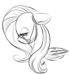 Size: 900x962 | Tagged: safe, artist:newvagabond, fluttershy, pegasus, pony, g4, bridle, bust, crying, female, floppy ears, grayscale, looking down, mare, monochrome, profile, sad, signature, simple background, solo, white background