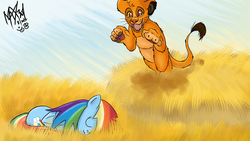 Size: 1920x1080 | Tagged: safe, artist:max301, rainbow dash, big cat, lion, pegasus, pony, g4, crossover, female, food chain, mare, pounce, predator, prey, simba, the lion king, this will end in death, this will end in tears, this will end in tears and/or death