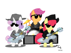 Size: 2072x1545 | Tagged: safe, artist:meganekkoplymouth241, apple bloom, scootaloo, sweetie belle, earth pony, pegasus, pony, unicorn, g4, band, cutie mark crusaders, drums, female, filly, foal, guitar, musical instrument, parody, rock (music), simple background, transparent background, zz top