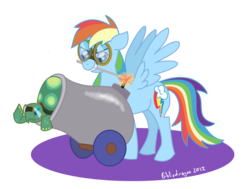 Size: 910x689 | Tagged: safe, artist:bibliodragon, rainbow dash, tank, pegasus, pony, tortoise, g4, cannon, goggles, mouth hold, signature, simple background, transparent background