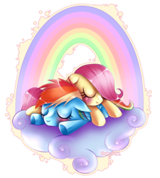 Size: 1280x1421 | Tagged: safe, artist:rubypm, fluttershy, rainbow dash, pegasus, pony, g4, duo, duo female, female, filly, mare, rainbow, simple background, sleeping, transparent background