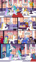 Size: 2893x5000 | Tagged: safe, artist:countdoofus, prince blueblood, princess celestia, rarity, oc, g4, comic, food, gala, revenge