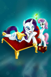Size: 1728x2592 | Tagged: safe, artist:tzelly-el, rarity, sweetie belle, pony, unicorn, g4, bipedal, bipedal leaning, box, clothes, duo, fainting couch, female, filly, gold, leaning, music notes, reflection, saddle, shoes, singing