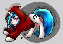 Size: 850x598 | Tagged: safe, artist:akashasi, dj pon-3, vinyl scratch, pony, unicorn, g4, clothes, colored pupils, female, hoodie, lidded eyes, looking at you, mare, record, signature, solo