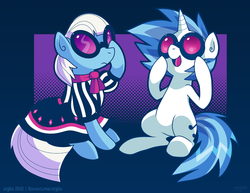 Size: 800x618 | Tagged: safe, artist:anjila, dj pon-3, photo finish, vinyl scratch, earth pony, pony, unicorn, g4, accessory swap, cute, duo, female, mare, open mouth, sitting