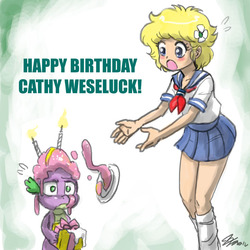 Size: 800x800 | Tagged: safe, artist:johnjoseco, spike, g4, birthday, c-ko, cake, cathy weseluck, crossover, project a-ko