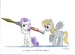 Size: 900x655 | Tagged: safe, artist:buckweiser, derpy hooves, sweetie belle, pegasus, pony, g4, female, gun, imminent death, mare, rocket launcher, rpg, rpg-7, this will end in death, this will end in pain, this will end in tears, this will end in tears and/or death, xk-class end-of-the-world scenario