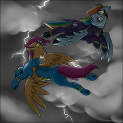 Size: 1004x1004 | Tagged: safe, artist:nessia, rainbow dash, scootaloo, g4, adult, clothes, duo, goggles, lightning, role reversal, scootaloo can fly, shadowbolts, shadowbolts costume, wonderbolt scootaloo, wonderbolts uniform