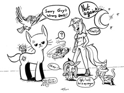 Size: 1000x752 | Tagged: safe, artist:tobibrocki, angel bunny, applejack, derpy hooves, fluttershy, lyra heartstrings, princess luna, snails, snips, trixie, twilight sparkle, cat, owl, rabbit, anthro, g4, hilarious in hindsight, monochrome, moon, muffin, species swap, twilight sparkowl, wat