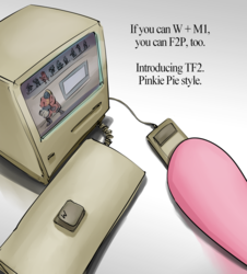 Size: 1084x1200 | Tagged: safe, artist:stupjam, pinkie pie, g4, computer, fake ad, hooves, macintosh (computer), pinkie pyro, simple background, team fortress 2, w+m1